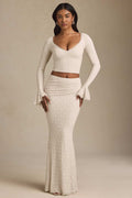 Luxe Lace Two-Piece Set – Elegant Long Sleeve Crop Top & Maxi Skirt