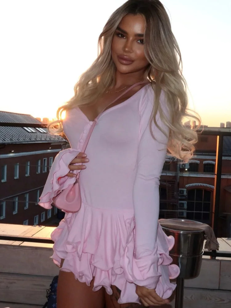 Pink Ruffle Hem Mini Dress – Long Sleeve Flare Cuff Party Dress | Peach Motel