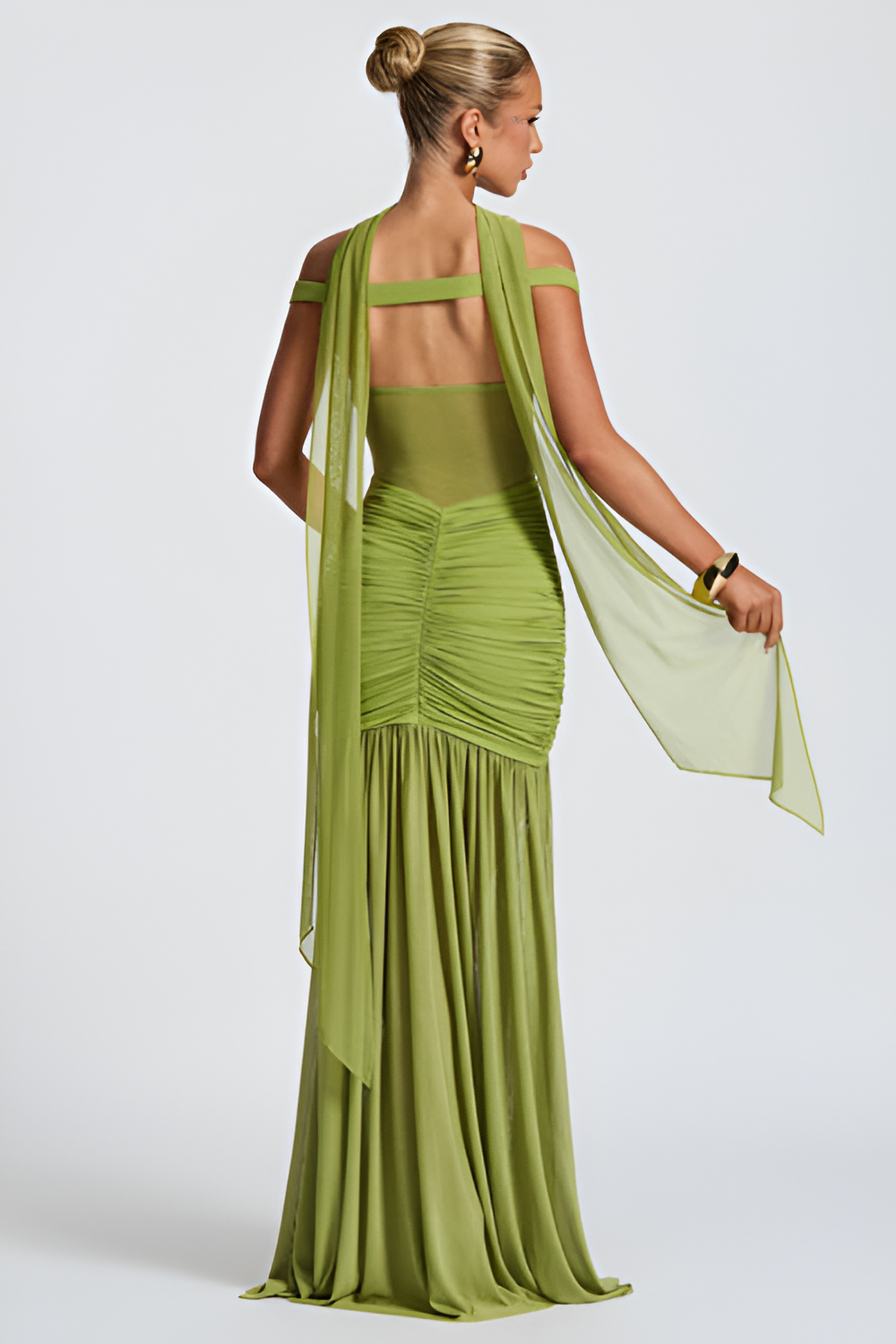 Green Off-Shoulder Mesh Ruched Maxi Dress with High Slit – Peach Motel