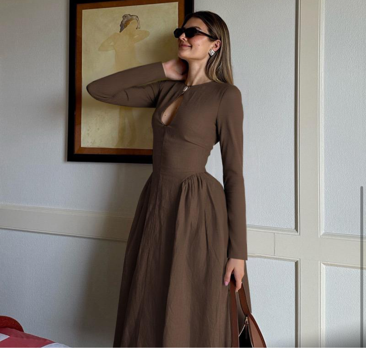 Black & Tan Brown Long-Sleeve Keyhole Midi Dress – Chic Day-to-Night Elegance | Peach Motel