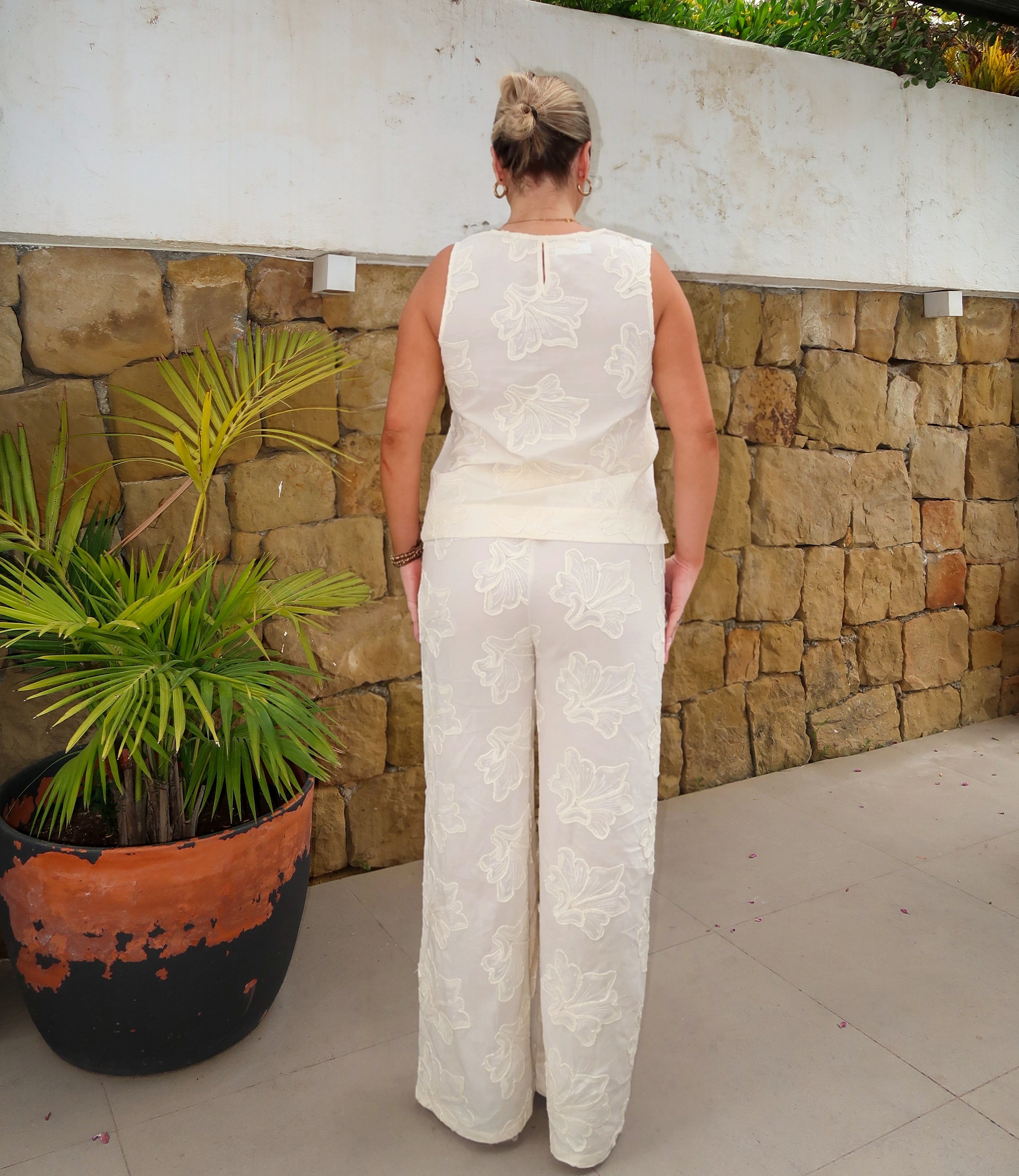 Ivory Embroidered Two Piece Set – Sleeveless Top & Wide Leg Pants Matching Set