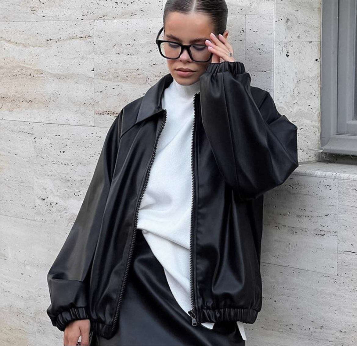 Oversized Faux Leather Bomber Jacket – Black Streetwear Layer