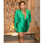 Emerald Elegance Draped Mini Dress with Built-In Gloves – Luxe Statement Partywear
