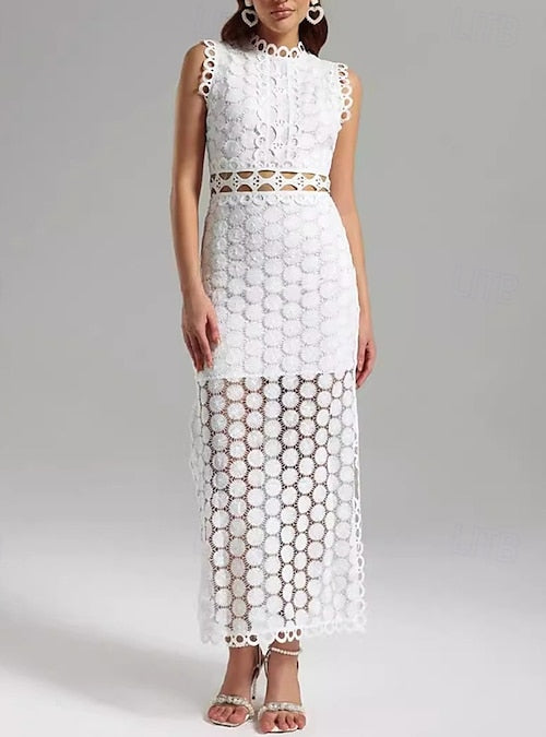 Celestial Circle Lace Two-Piece Maxi Dress – White