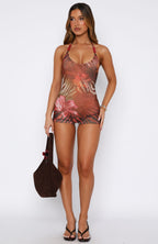 Floral Beaded Halter Romper – Peach Motel