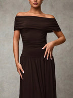 Chocolate Brown Off-Shoulder Maxi Dress | Peach Motel