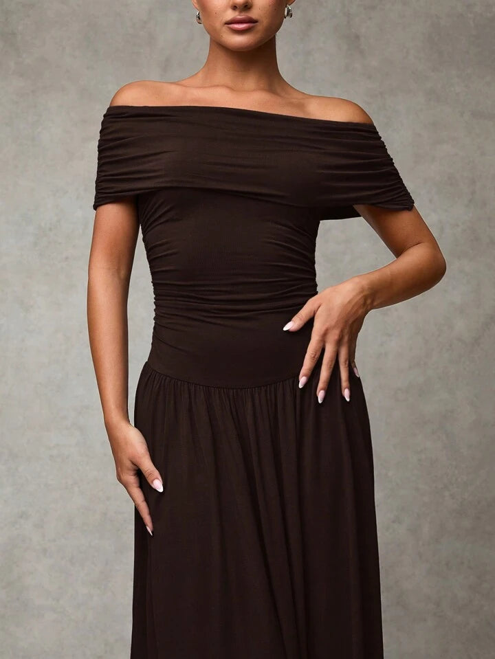 Chocolate Brown Off-Shoulder Maxi Dress | Peach Motel