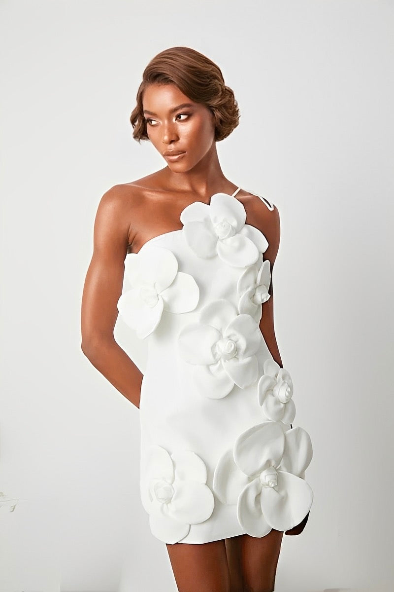 It Girl Mini Dress – White 3D Floral One-Shoulder Statement Dress