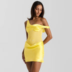 Yellow Satin Off-Shoulder Mini Dress – Summer Party & Cocktail Outfit