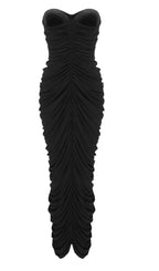 Midnight Siren Black Ruched Strapless Gown – Peach Motel