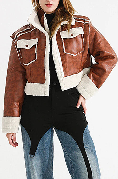 Cropped Brown Faux Leather Shearling Jacket – Peach Motel Outerwear