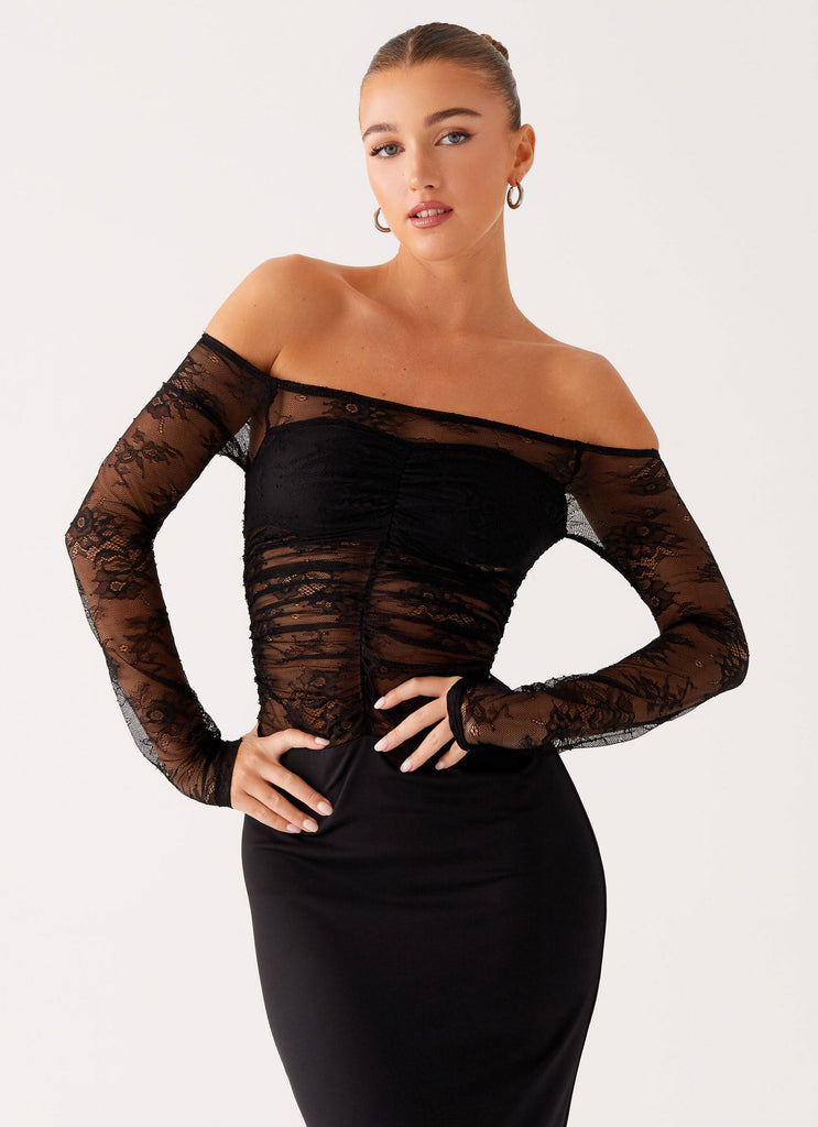 Black Off-Shoulder Lace Panel Evening Gown – Peach Motel