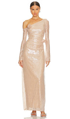 Champagne Sequin One-Shoulder Gown – Peach Motel Luxe Evening Dress