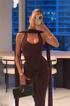 Brown Sleeveless Tie-Waist Maxi Dress with Scarf Detail – Peach Motel