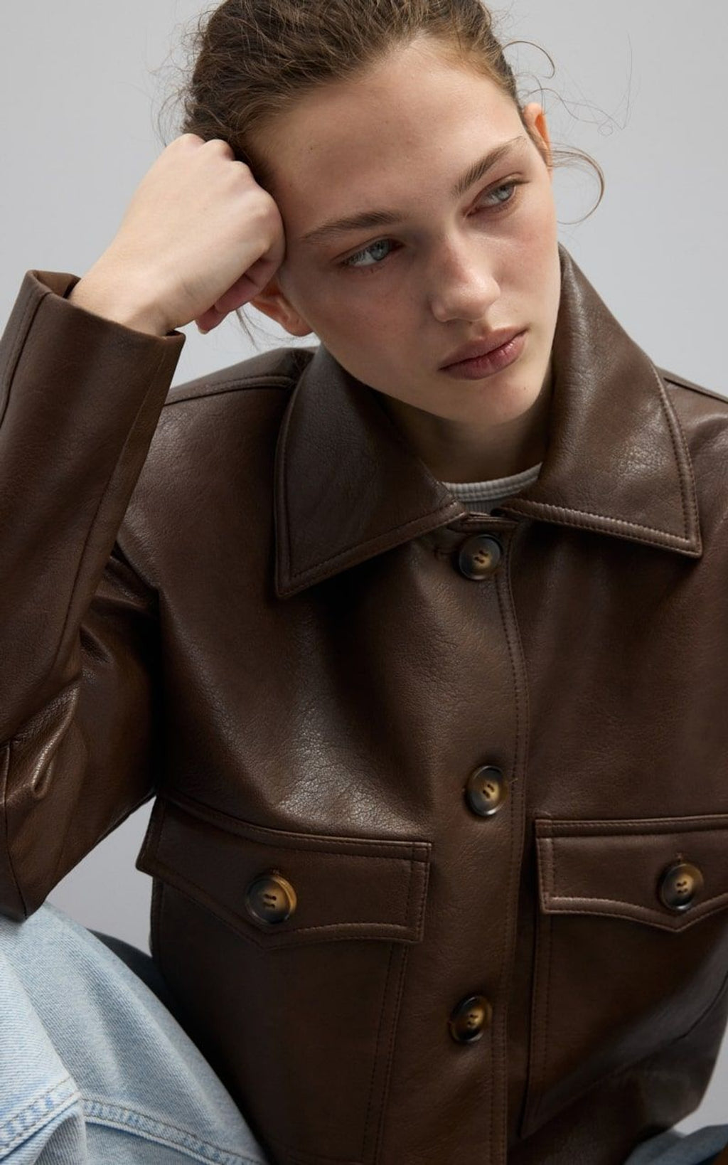 Cropped Brown Leather Jacket with Utility Pockets | Peach Motel