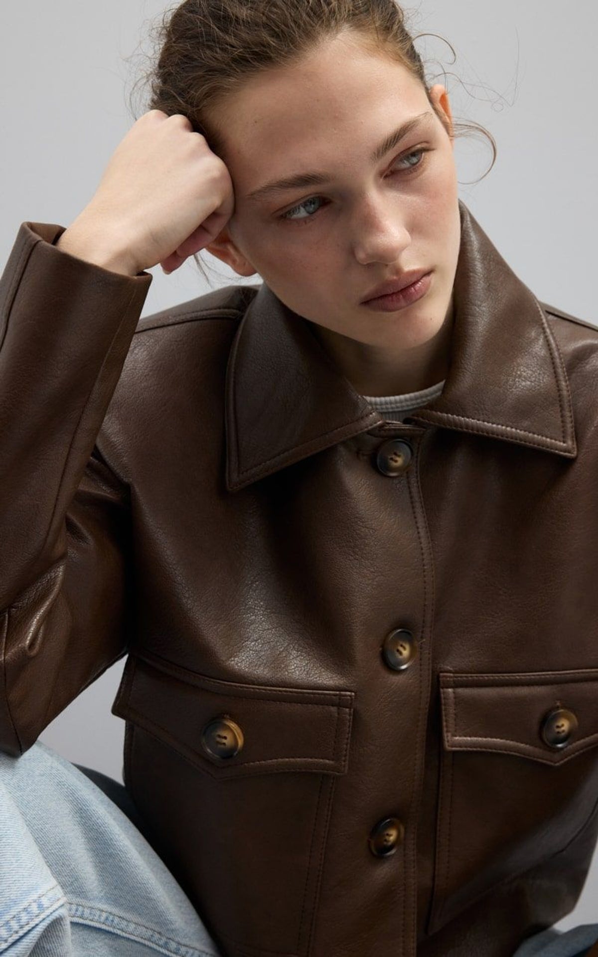 Cropped Brown Leather Jacket with Utility Pockets | Peach Motel