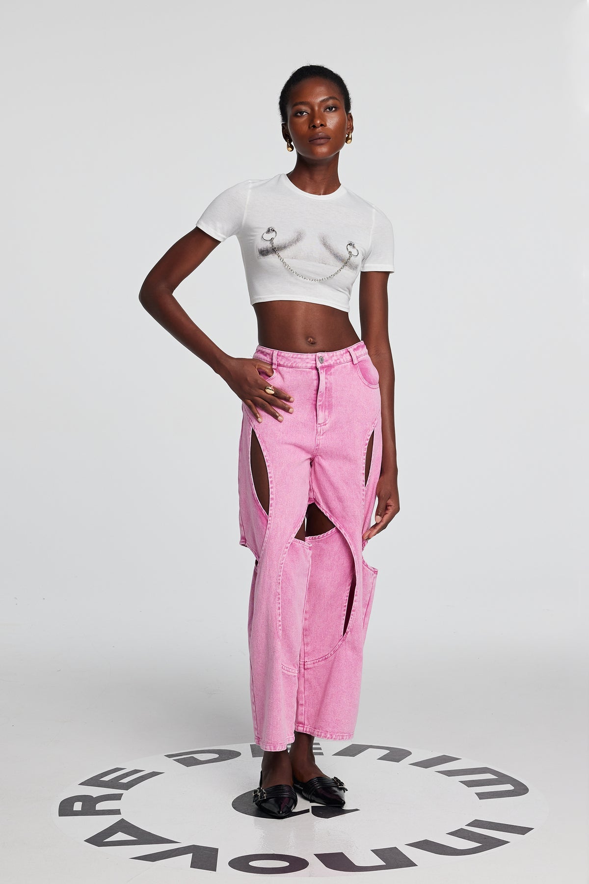 Bubblegum Cut-Out Wide Leg Jeans