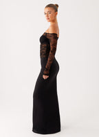 Black Off-Shoulder Lace Panel Evening Gown – Peach Motel