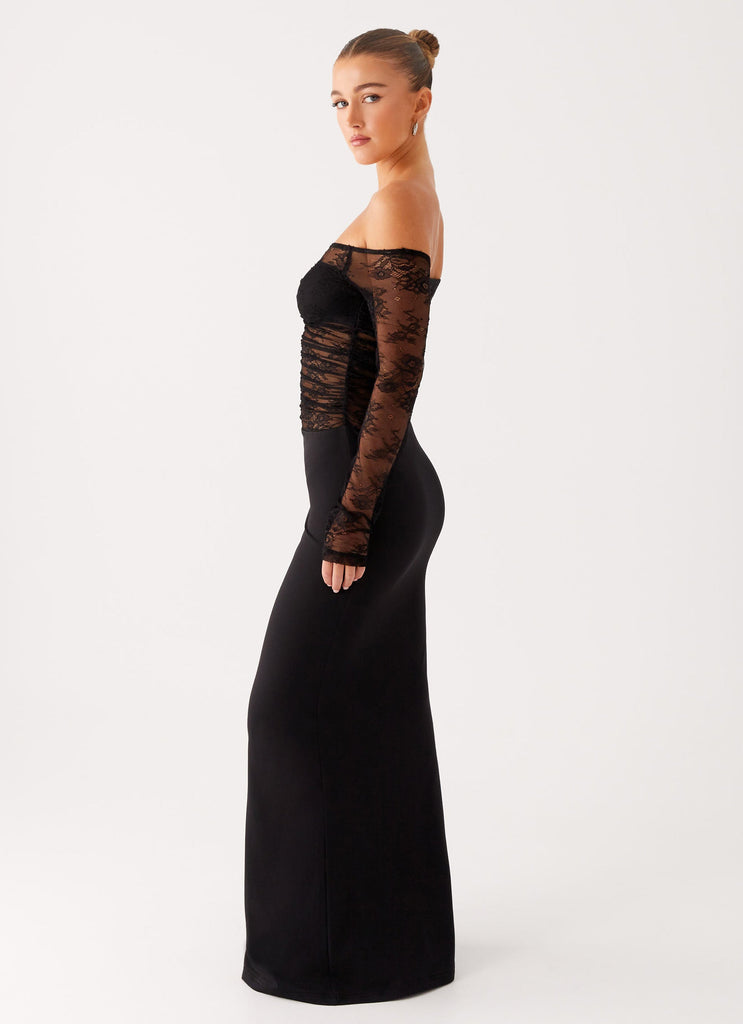 Black Off-Shoulder Lace Panel Evening Gown – Peach Motel