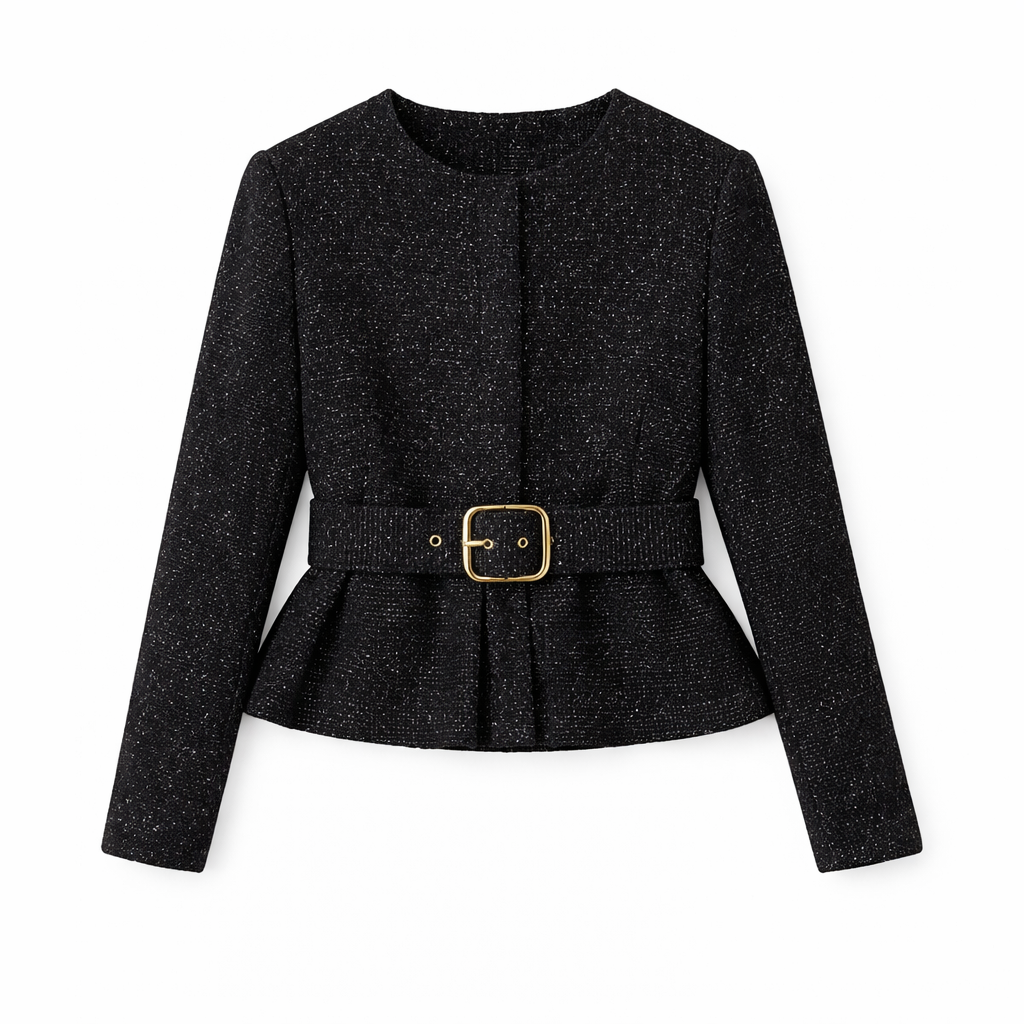 Black Tweed Jacket Top & Shorts Set with Belt – Sparkle Two Piece Suit Set
