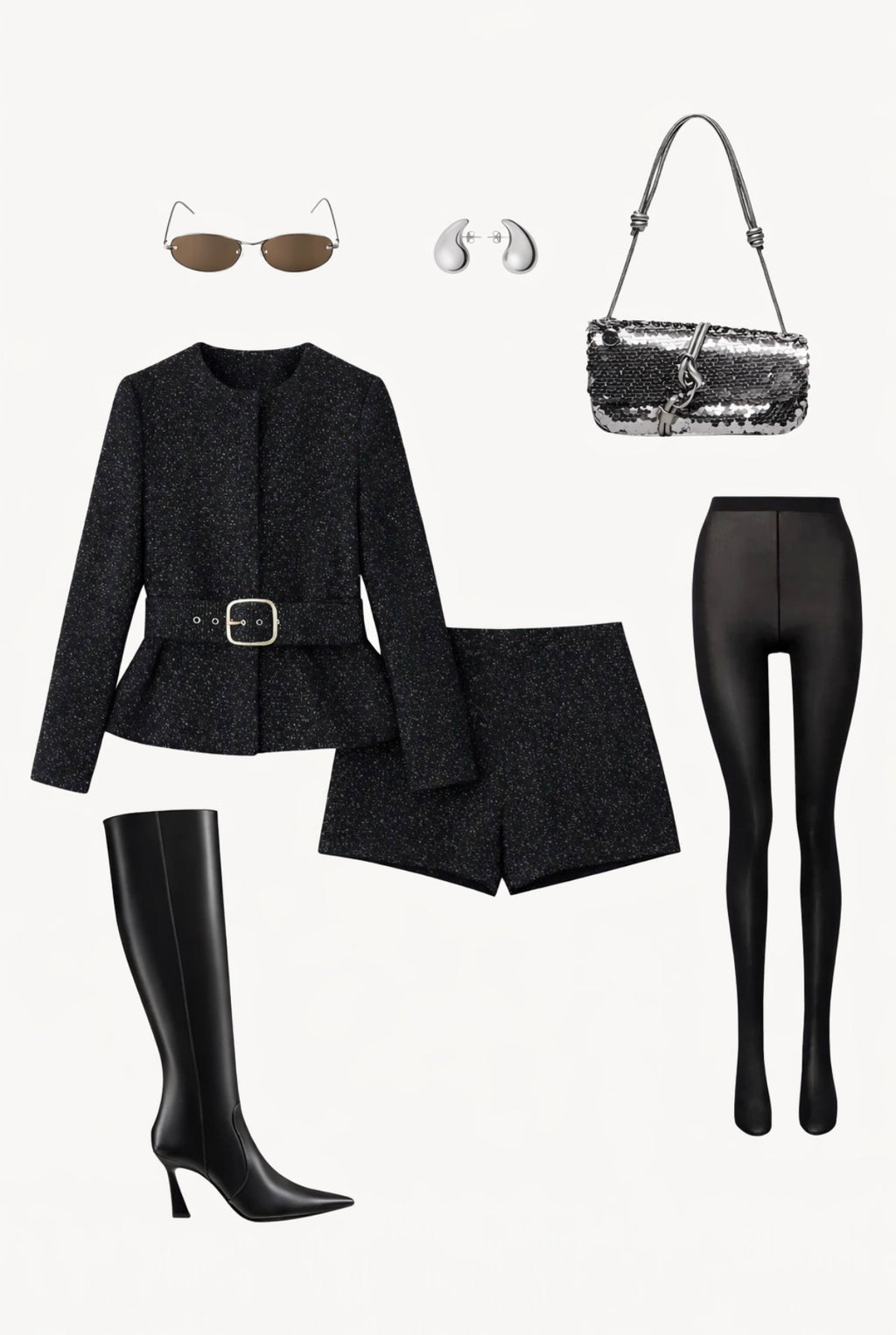 Black Tweed Jacket Top & Shorts Set with Belt – Sparkle Two Piece Suit Set