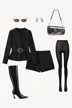 Black Tweed Jacket Top & Shorts Set with Belt – Sparkle Two Piece Suit Set