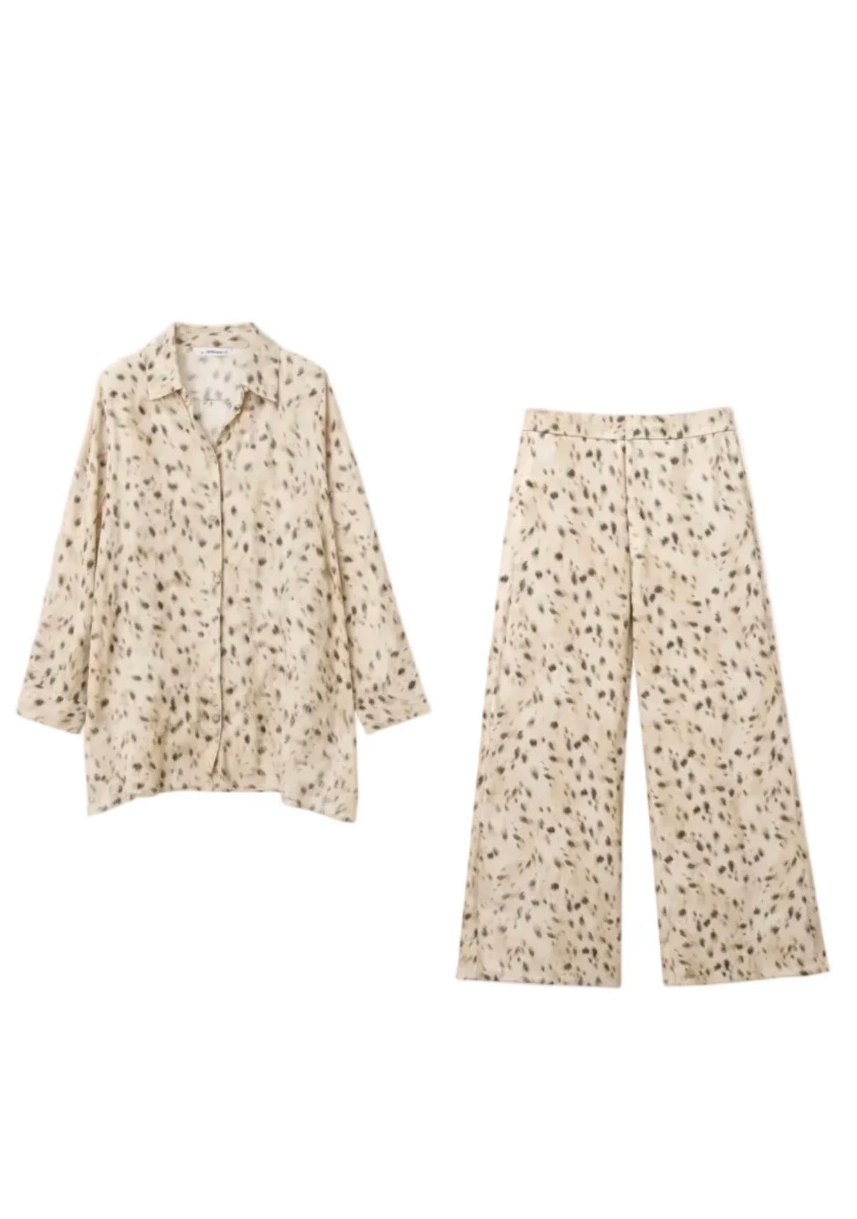 Leopard Print Matching Set – Lightweight Button Down Shirt & Wide Leg Pants Set – Cream Animal Print Two Piece Set