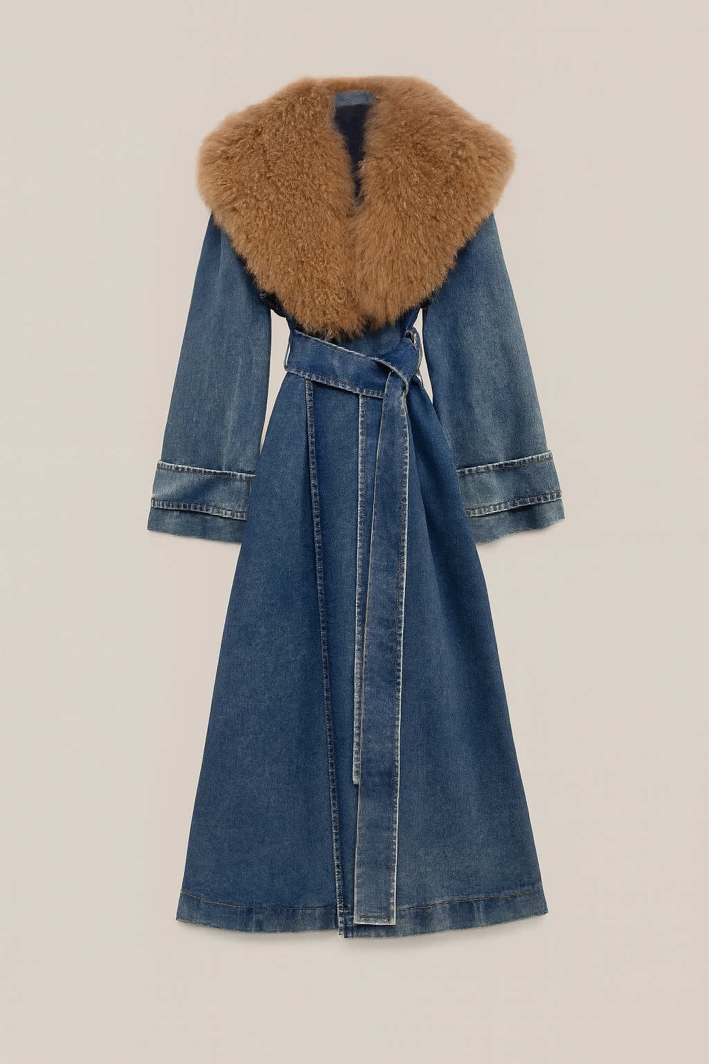 Women’s Long Denim Coat with Oversized Faux Fur Collar – Luxe 2025 Outerwear