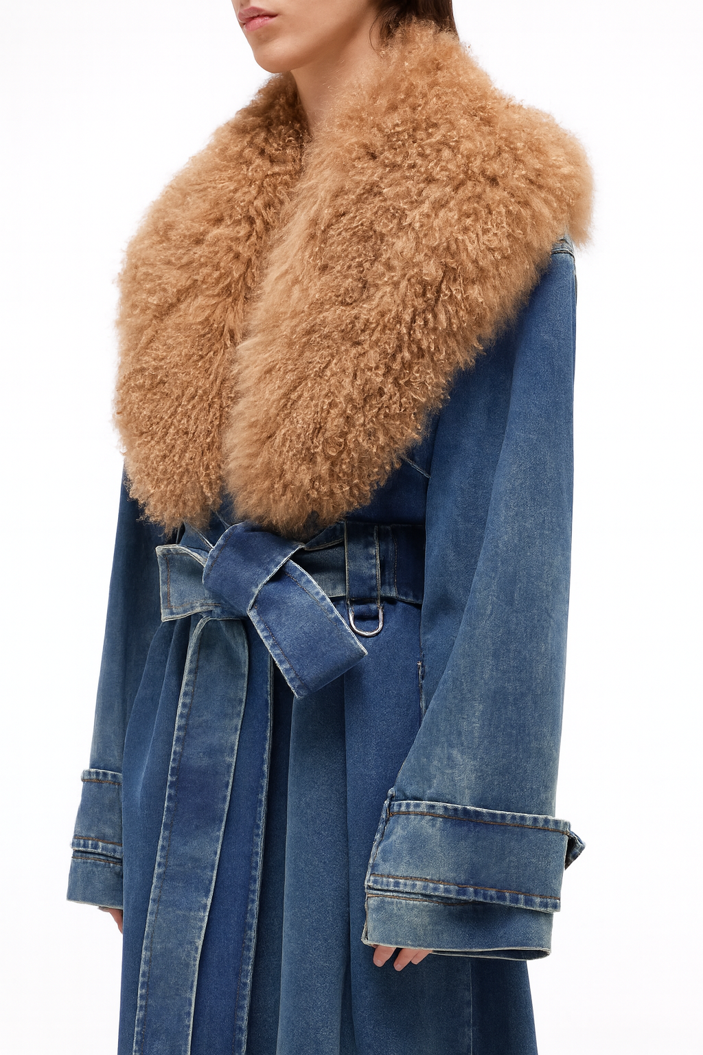 Women’s Long Denim Coat with Oversized Faux Fur Collar – Luxe 2025 Outerwear