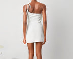 It Girl Mini Dress – White 3D Floral One-Shoulder Statement Dress