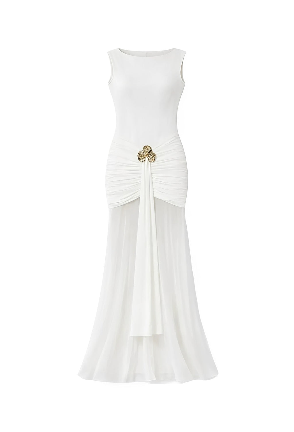 Ivory Sheer Panel Maxi Dress with Gold Brooch Detail – Elegant Boat Neck Ruched Evening Gown