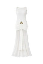 Ivory Sheer Panel Maxi Dress with Gold Brooch Detail – Elegant Boat Neck Ruched Evening Gown