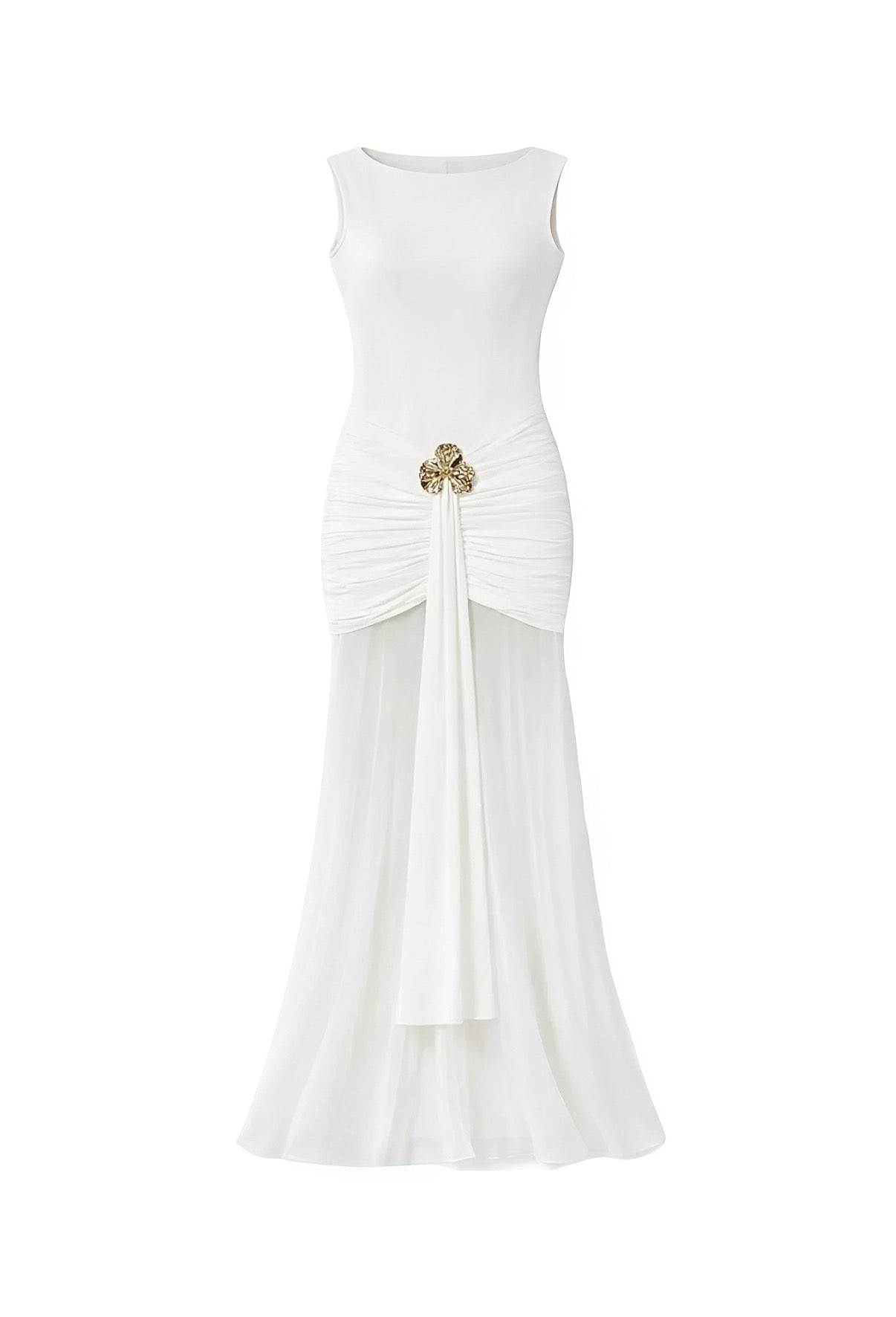 Ivory Sheer Panel Maxi Dress with Gold Brooch Detail – Elegant Boat Neck Ruched Evening Gown