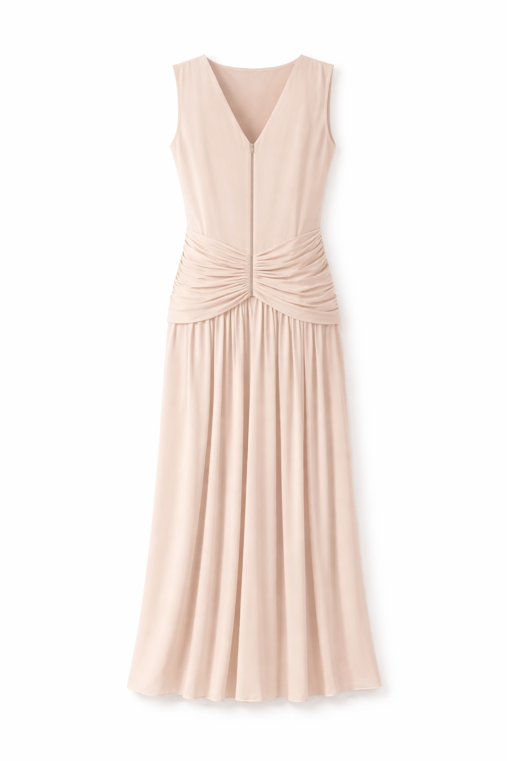 Blush Draped Midi Dress – Woven Bodice Pleated Skirt Elegant Sleeveless Dress