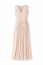 Blush Draped Midi Dress – Woven Bodice Pleated Skirt Elegant Sleeveless Dress