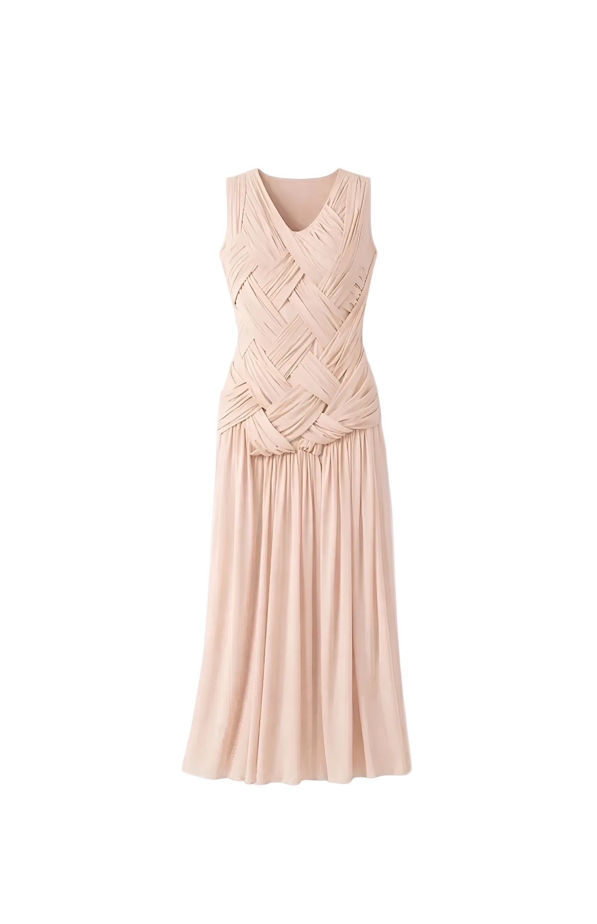 Blush Draped Midi Dress – Woven Bodice Pleated Skirt Elegant Sleeveless Dress
