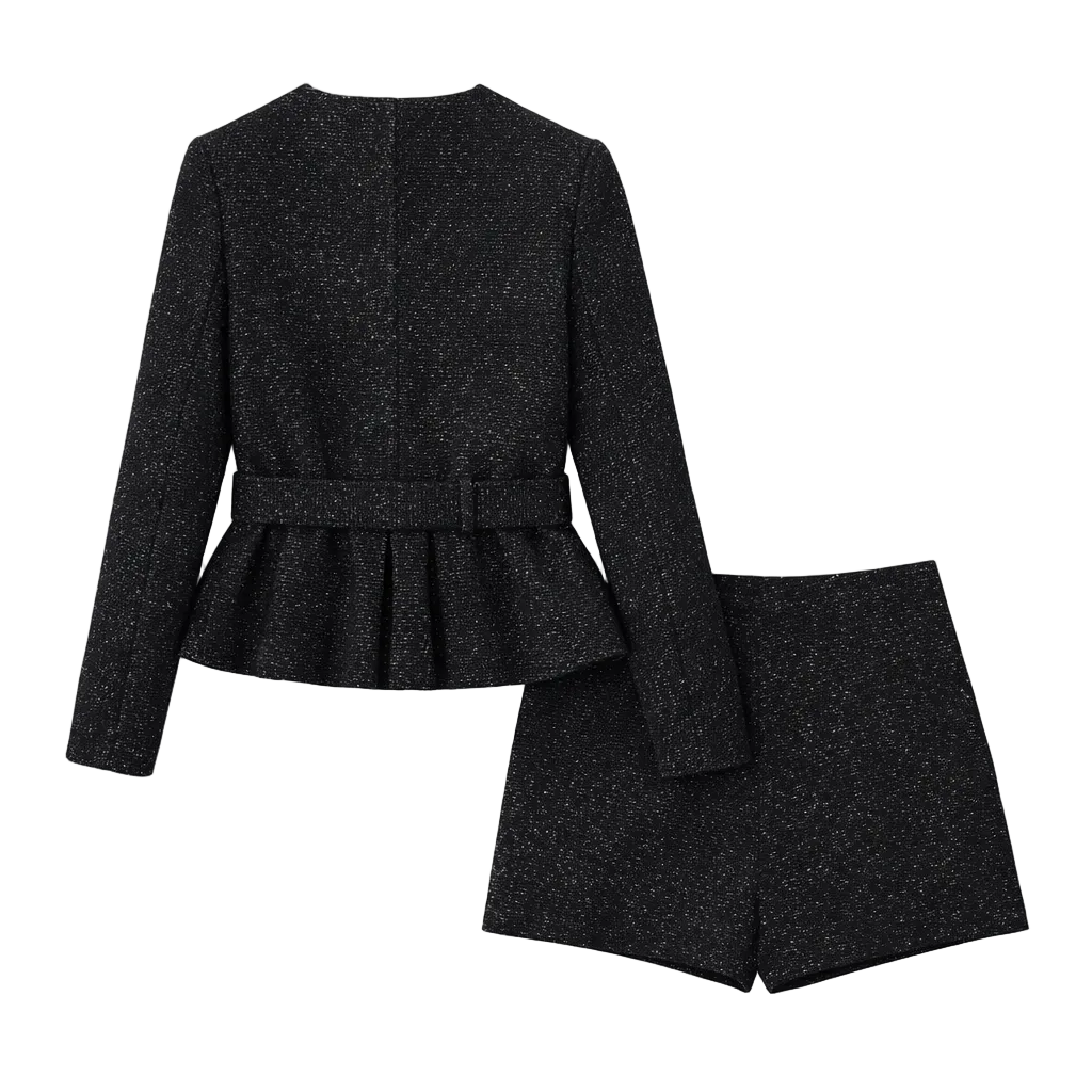 Black Tweed Jacket Top & Shorts Set with Belt – Sparkle Two Piece Suit Set