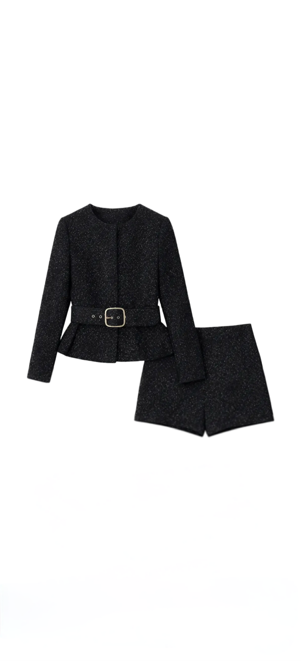 Black Tweed Jacket Top & Shorts Set with Belt – Sparkle Two Piece Suit Set