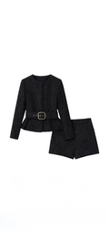 Black Tweed Jacket Top & Shorts Set with Belt – Sparkle Two Piece Suit Set