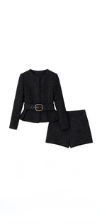 Black Tweed Jacket Top & Shorts Set with Belt – Sparkle Two Piece Suit Set