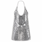 Silver Mirror Chainmail Mini Dress – Sheer Metallic Disc Halter Dress – Backless Sequin Party Dress