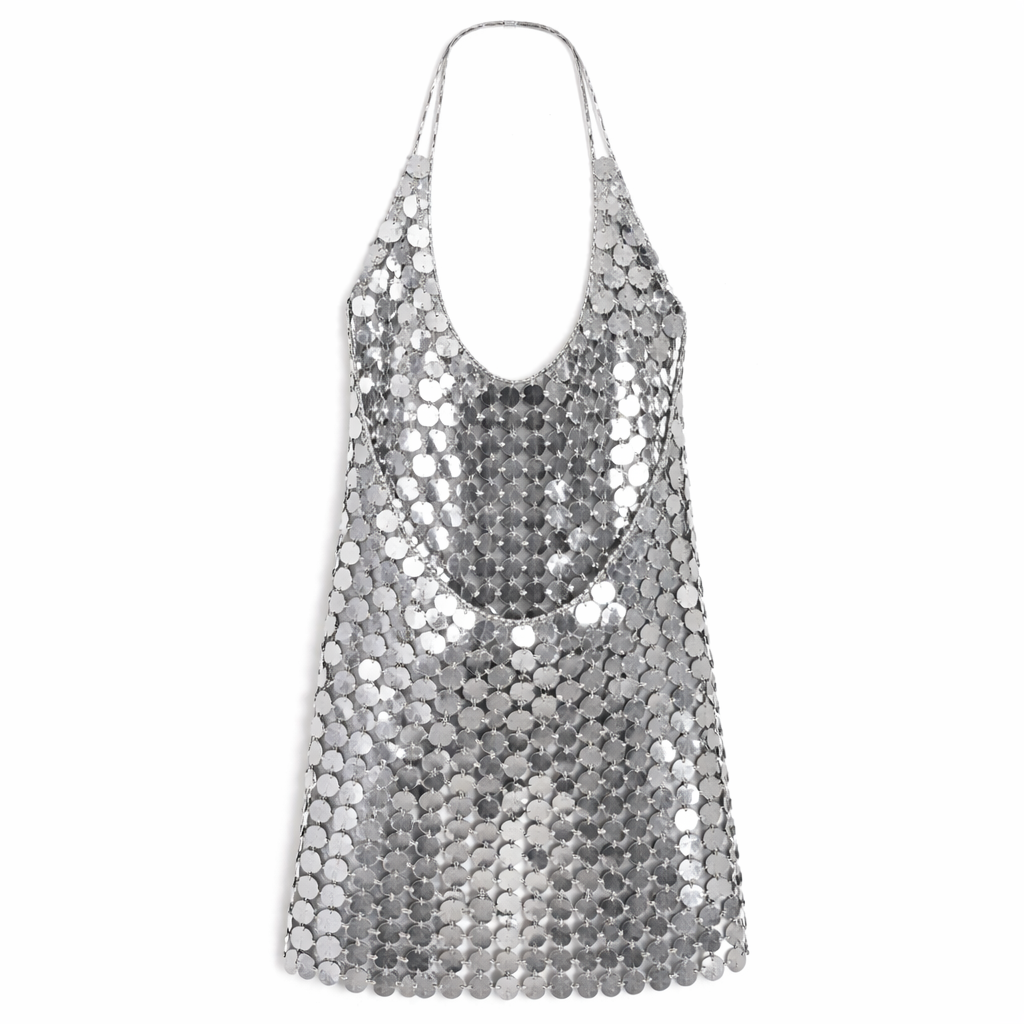 Silver Mirror Chainmail Mini Dress – Sheer Metallic Disc Halter Dress – Backless Sequin Party Dress