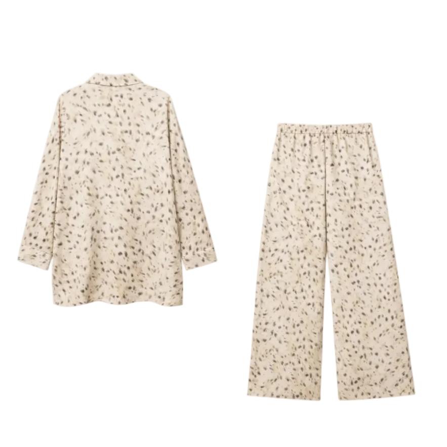 Leopard Print Matching Set – Lightweight Button Down Shirt & Wide Leg Pants Set – Cream Animal Print Two Piece Set