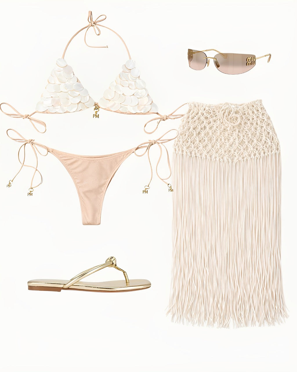 Beach-themed outfit with bikini, skirt, sandals, and sunglasses on a white background