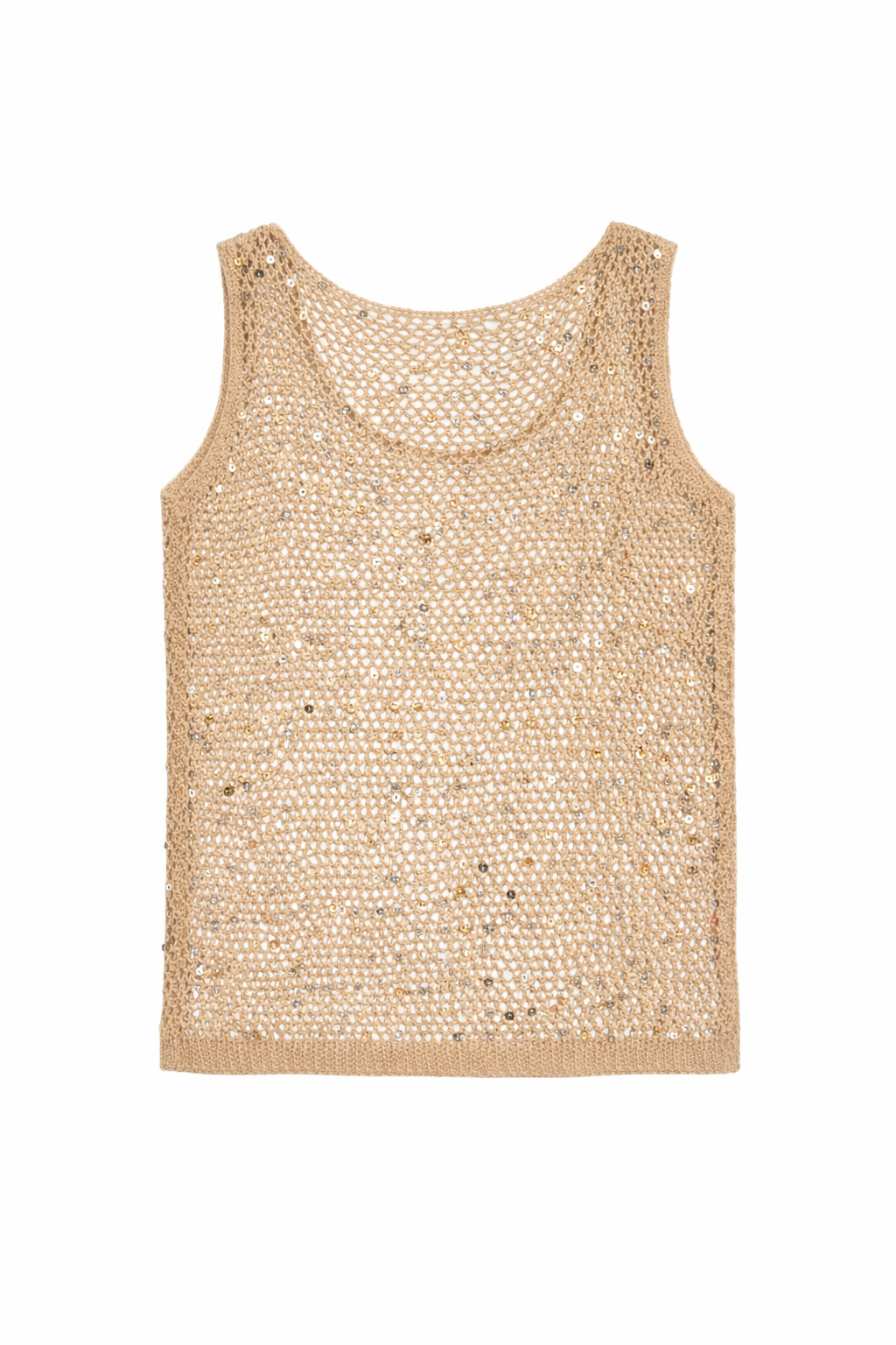 Beige Sequin Crochet Tank Top – Open Knit Sleeveless Summer Knit