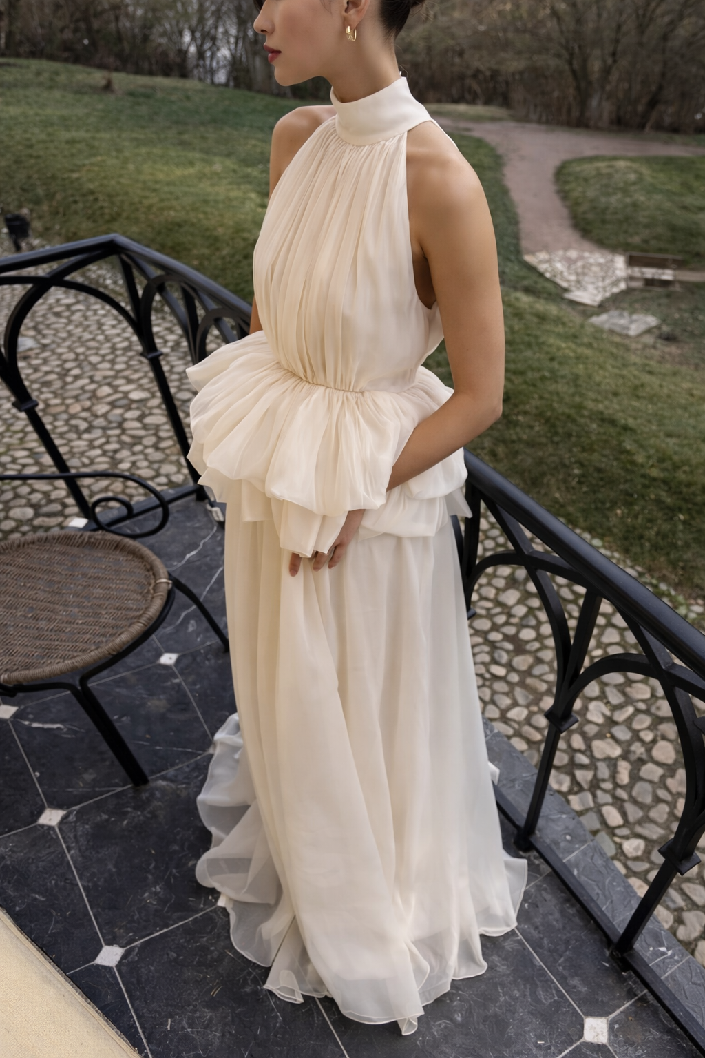 Ivory Halter Ruffle Maxi Dress  Sheer Chiffon Skirt & Peplum Waist  Peach  Motel